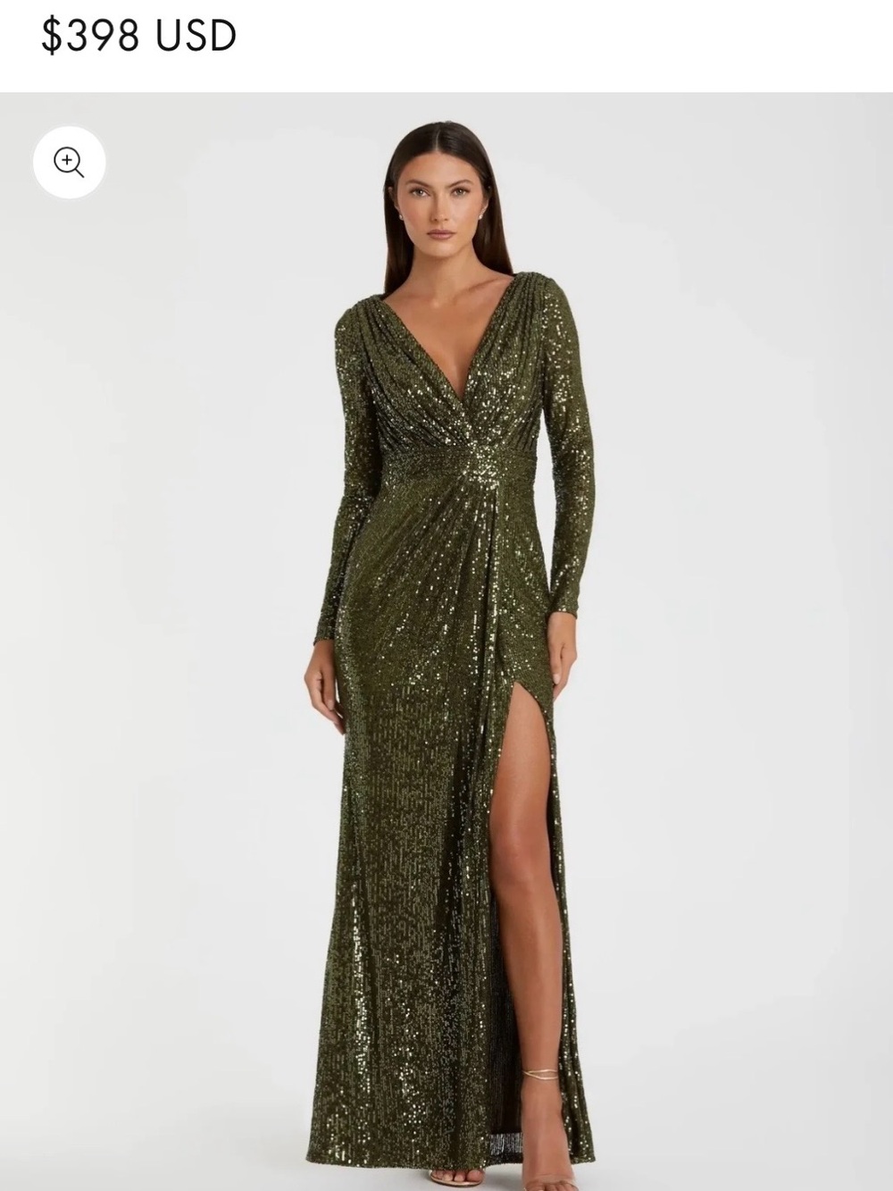 Tadashi Shoji Olive Sequin Long-Sleeve Wrap Gown